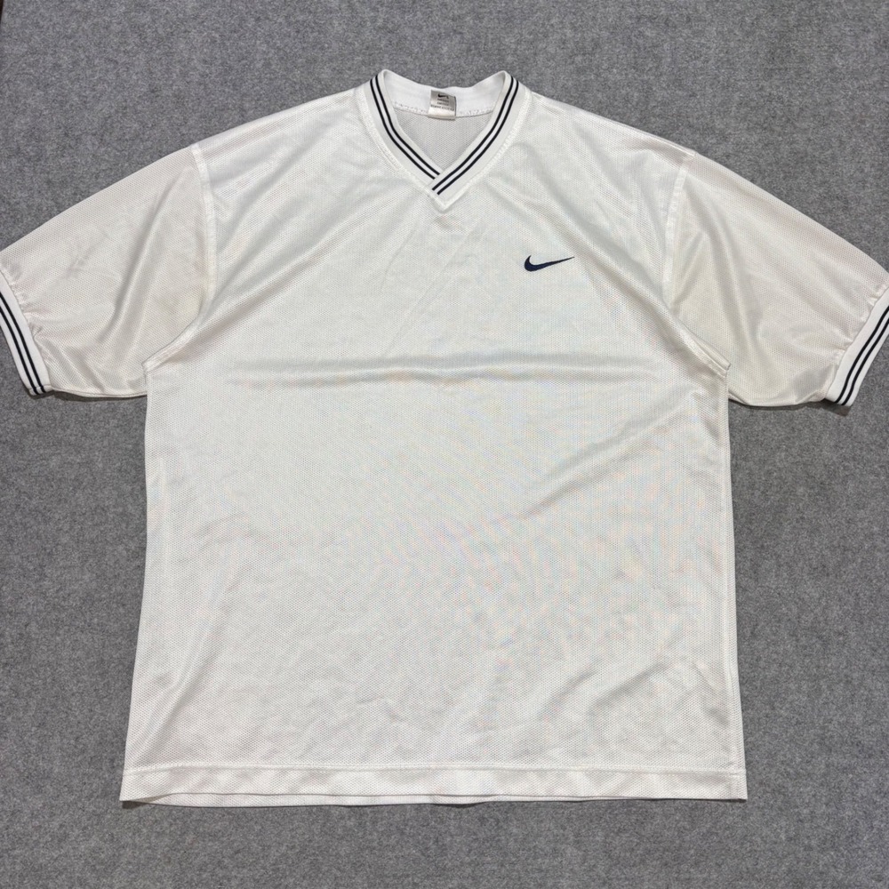 Vintage Nike Mesh V-Neck Jersey Shirt XL White Navy Blue Swoosh Athletic Tee